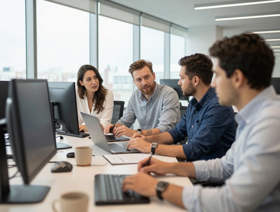 Профессиональная команда аналитиков данных обсуждает исследовательский проект в современном светлом офисе с большими окнами