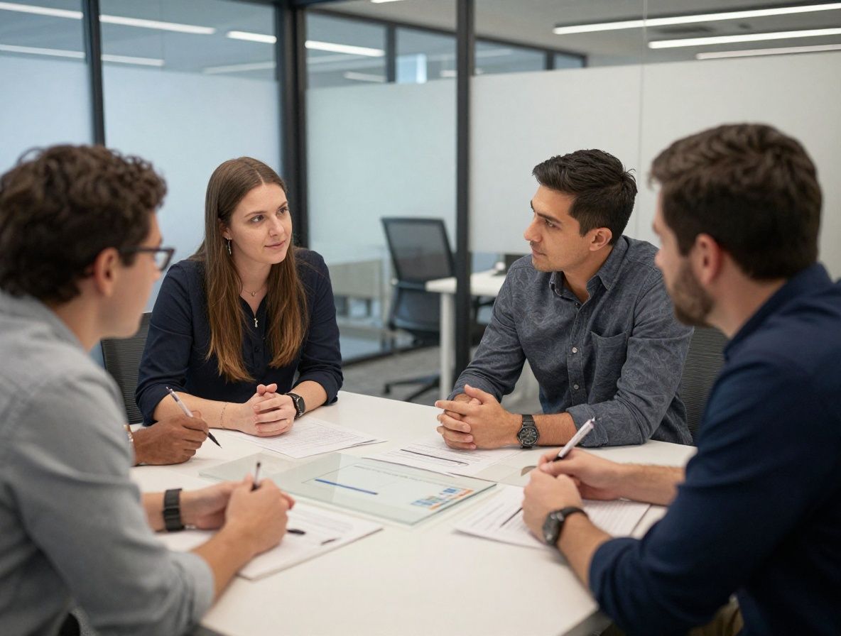 Небольшая команда специалистов в области искусственного интеллекта обсуждает данные на стеклянной доске в современном офисе Денвера