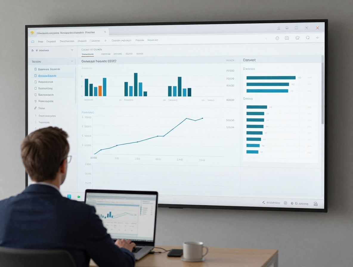 Специалист по данным анализирует большие наборы данных на настенном экране с визуализацией потоков информации