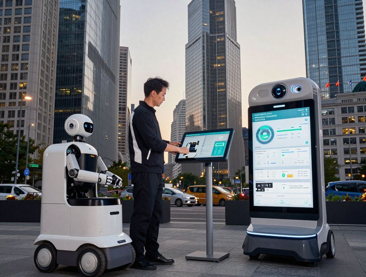 Футуристический городской пейзаж с интегрированными технологиями ИИ в архитектуру и транспортную инфраструктуру