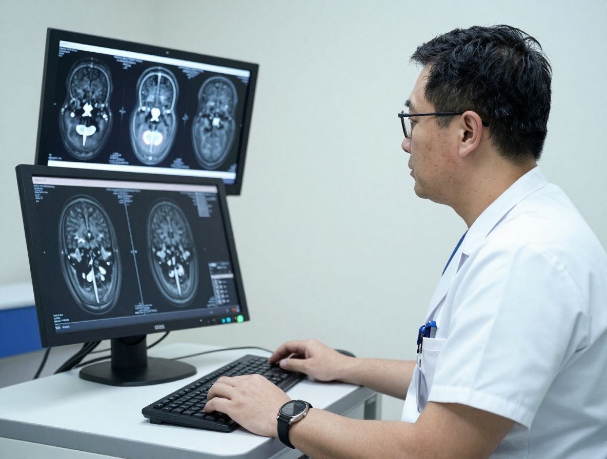 Врач изучает медицинские снимки МРТ на экране компьютера рядом с интерфейсом диагностической ИИ-системы