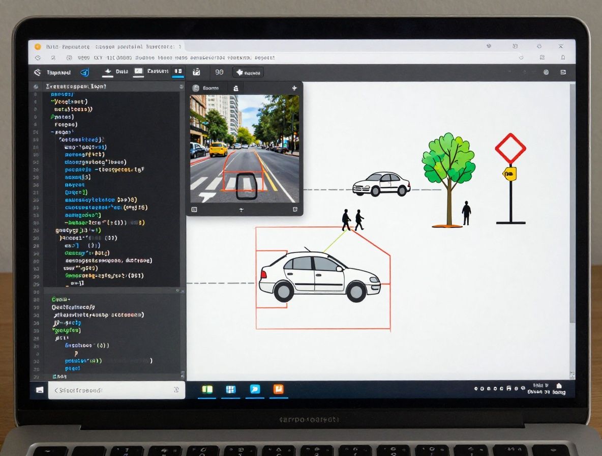 Экран ноутбука с кодом Python и визуализацией детекции объектов на улице города: рамки вокруг машин, пешеходов и дорожных знаков
