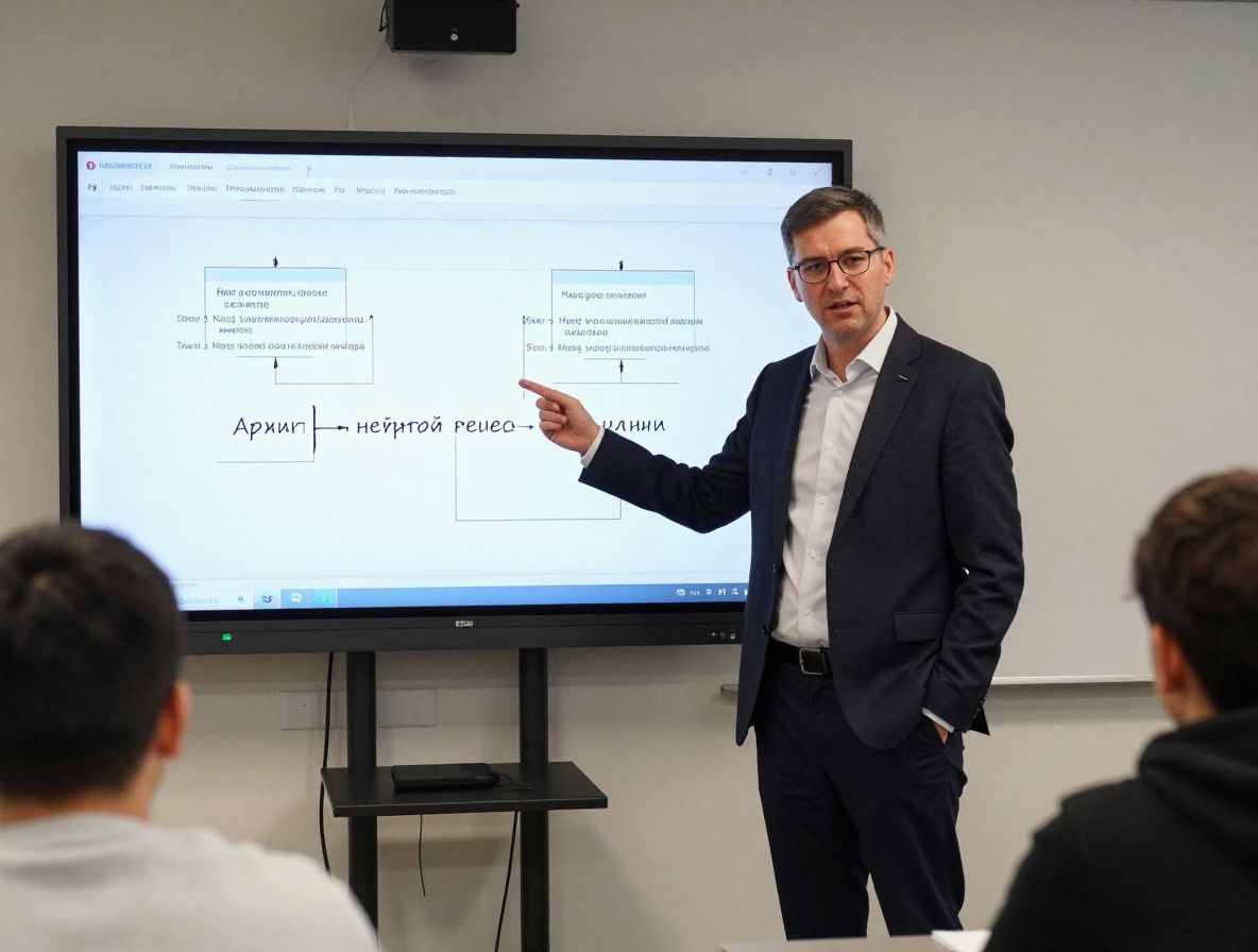 Учебная аудитория с проекцией диаграммы нейронной сети на белом экране, студенты изучают основы искусственного интеллекта