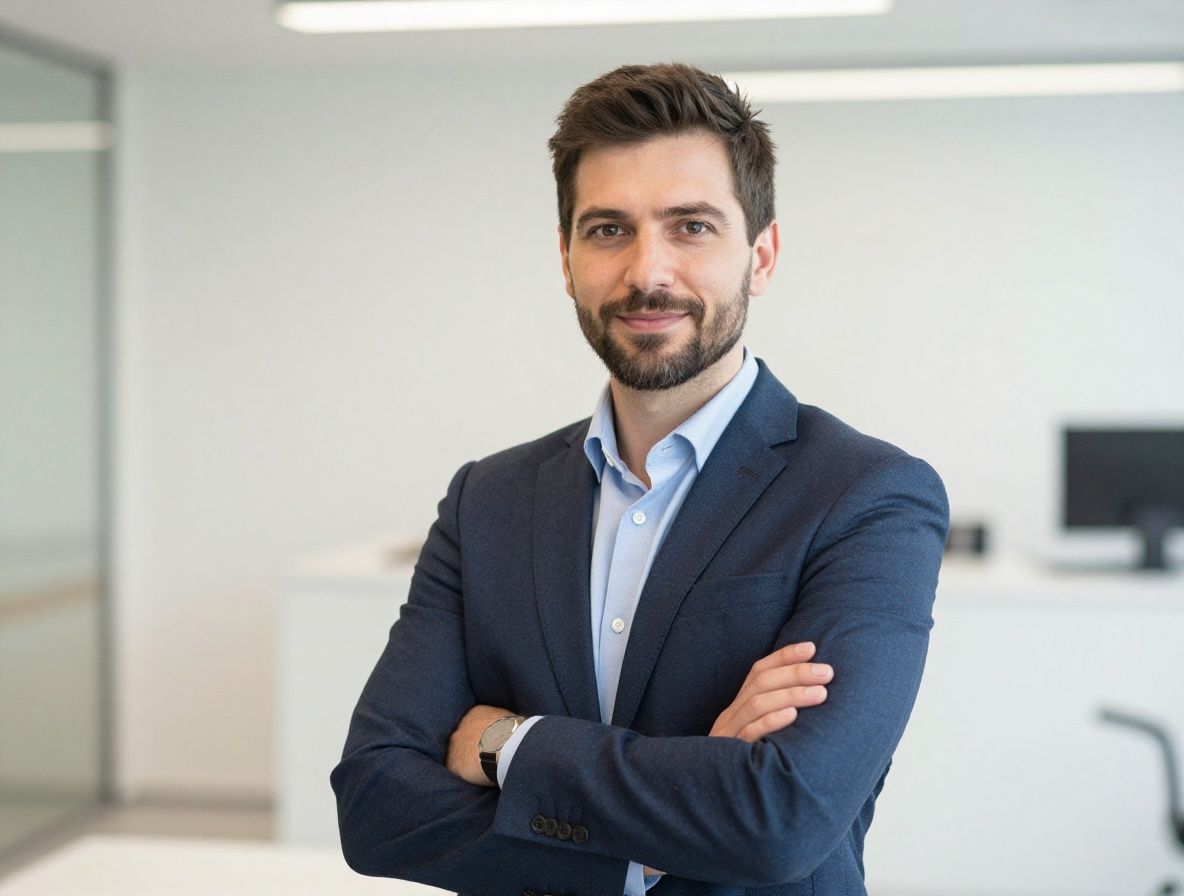 Портрет мужчины-специалиста по данным в деловом стиле на нейтральном сером фоне