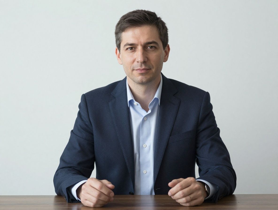 Портрет мужчины среднего возраста в профессиональном костюме на фоне размытого технологического офиса