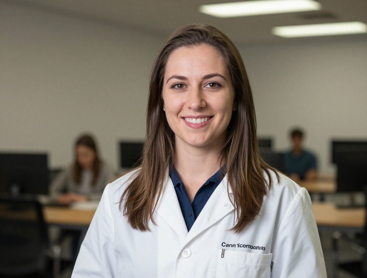 Портрет молодой женщины-учёного с улыбкой, профессиональная фотография в научной среде