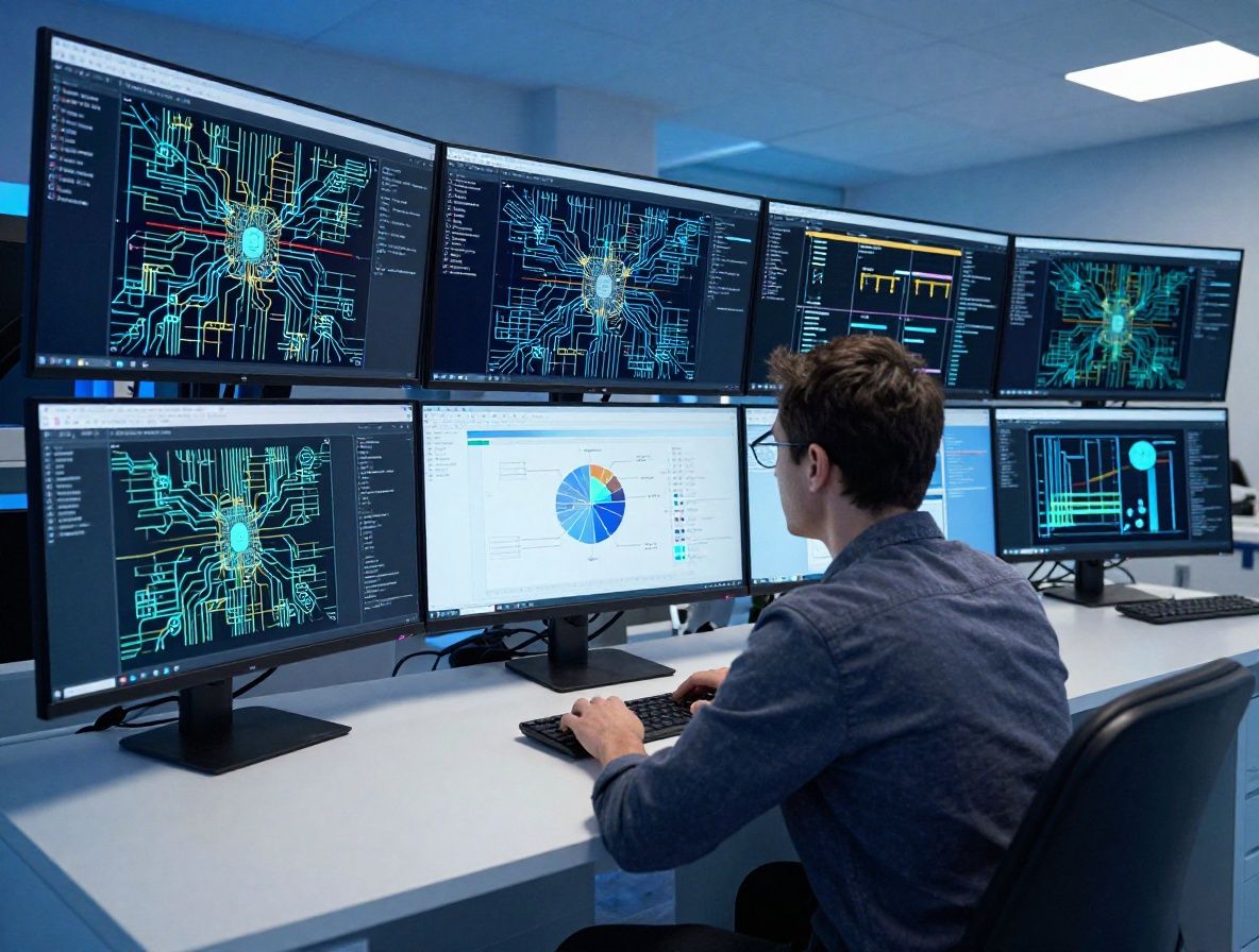 Современная лаборатория искусственного интеллекта с несколькими мониторами, отображающими нейронные сети и графики данных, профессиональная рабочая обстановка с синим освещением